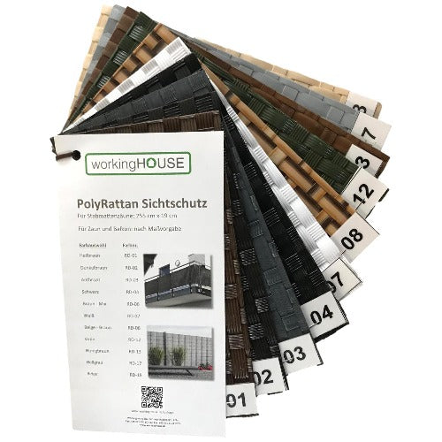 Musterheft der Polyrattan Sichtschutstreifen für Zäune und Balkone von Workinghouse in allen verfügbaren Farben